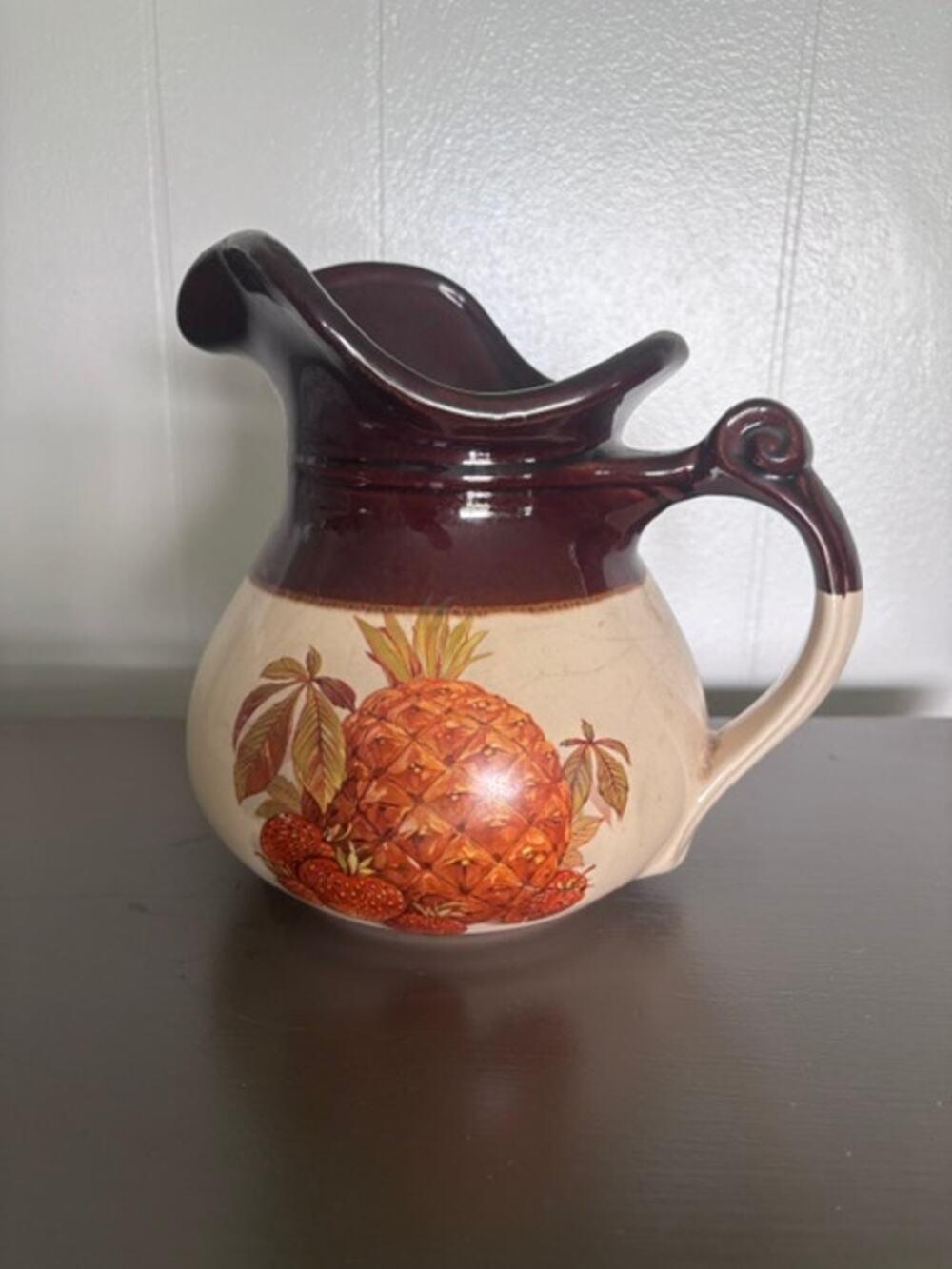 Vintage McCoy USA Pineapple Ceramic Pitcher Brown Cream Pottery 12" Vase